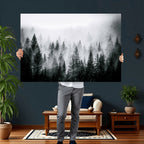 Foggy Forest Wall Art Canvas Print, Mountain Woodland Landscape, Minimal Nature Decor