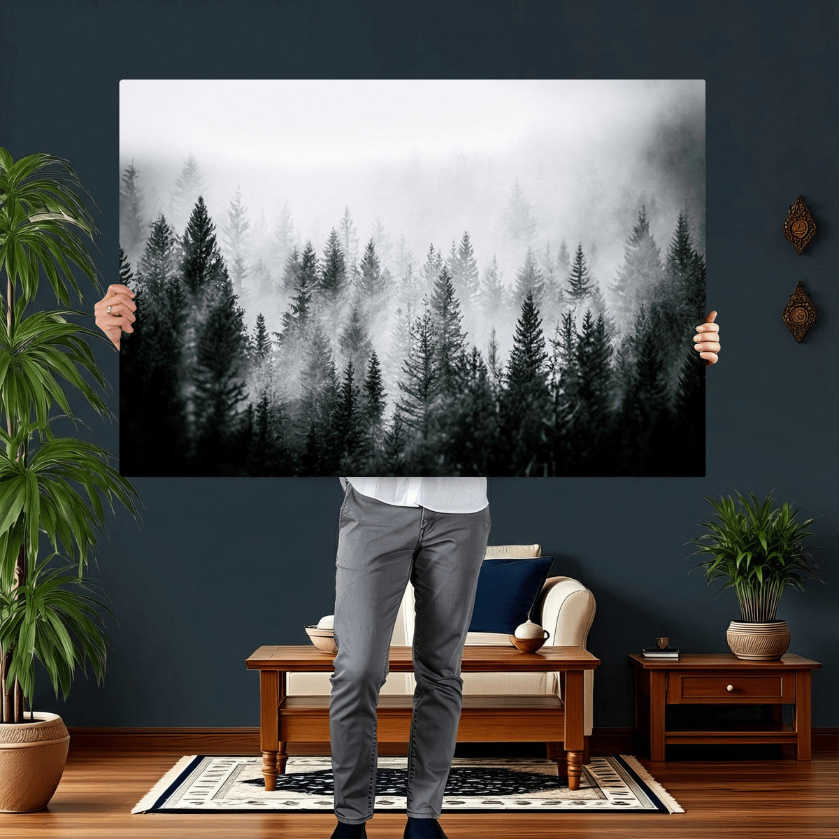 Foggy Forest Wall Art Canvas Print, Mountain Woodland Landscape, Minimal Nature Decor