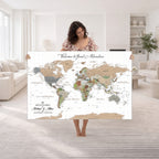 Custom Beige Push Pin World Map Wall Art, Bucket List Map, Study and Hallway Decor