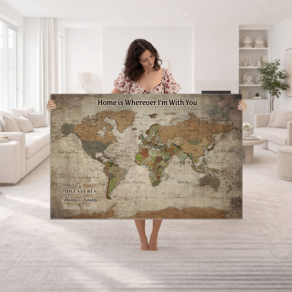 Personalized Beige Geometric World Map Canvas with Push Pins, Next Trip Planner Map, Study and Entryway Decor