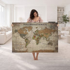 Personalized Beige Geometric World Map Canvas with Push Pins, Next Trip Planner Map, Study and Entryway Decor