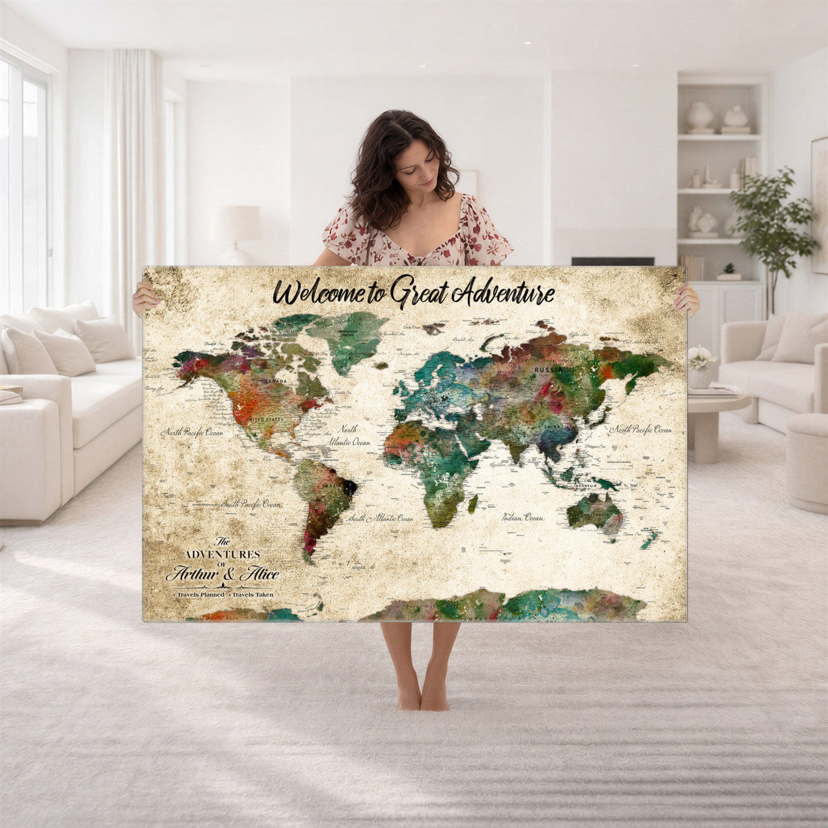 Personalized Beige Grunge World Map Canvas with Push Pins, Next Trip Planner Map, Family Room and Home Office Decor