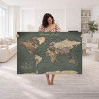 Personalized Framed Beige Modern World Map Canvas with Push Pins, Bucket List Map, Family Room and Dining Room Decor
