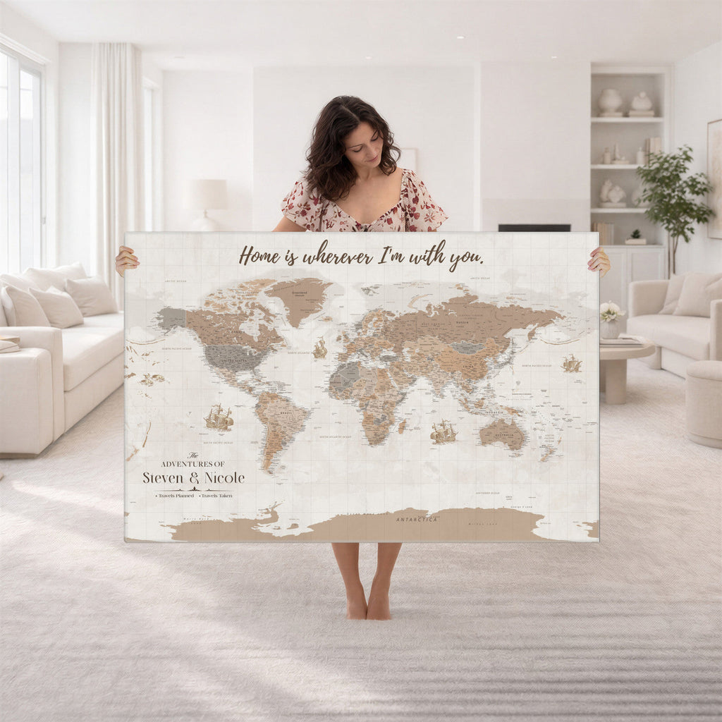 Personalized Beige Geometric Push Pin World Map Canvas Print, Countries Visited Map, Study and Home Office Decor