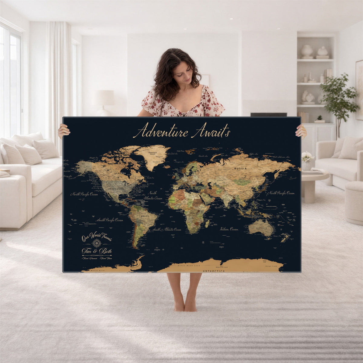 Personalized Navy Geometric World Map Canvas with Push Pins, Honeymoon and Anniversary Gift, Home Office and Hallway Decor