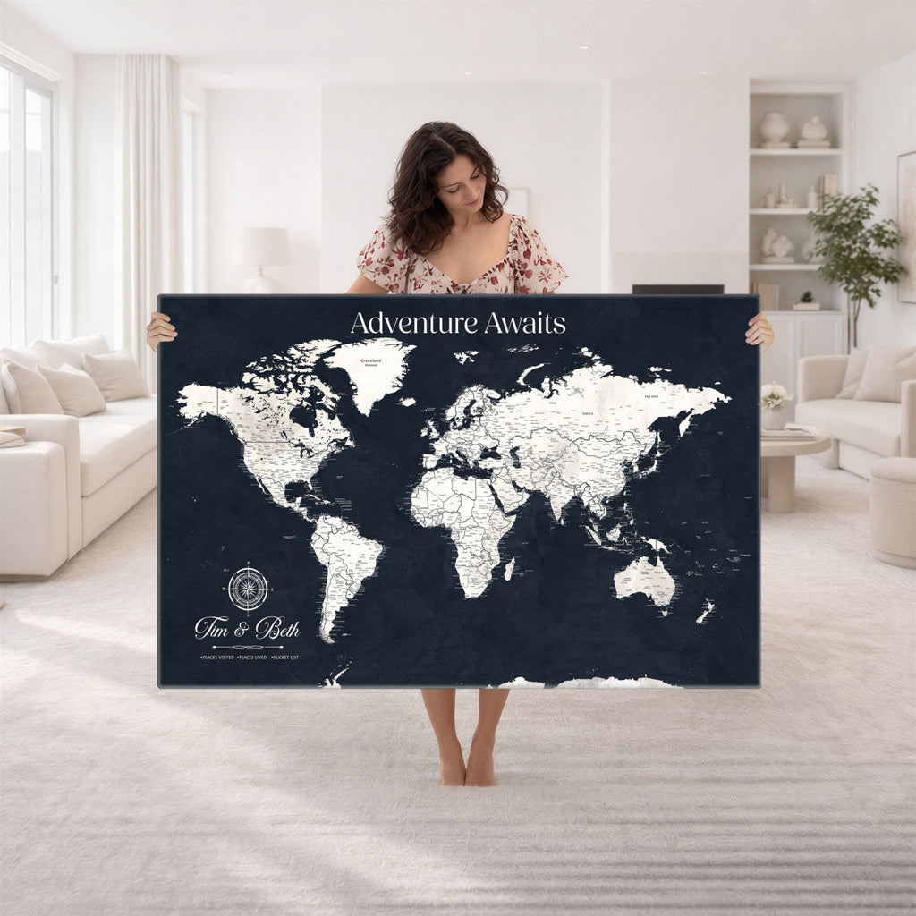 Custom World Map Wall Art Canvas Print | Personalized Push Pin Travel Tracker