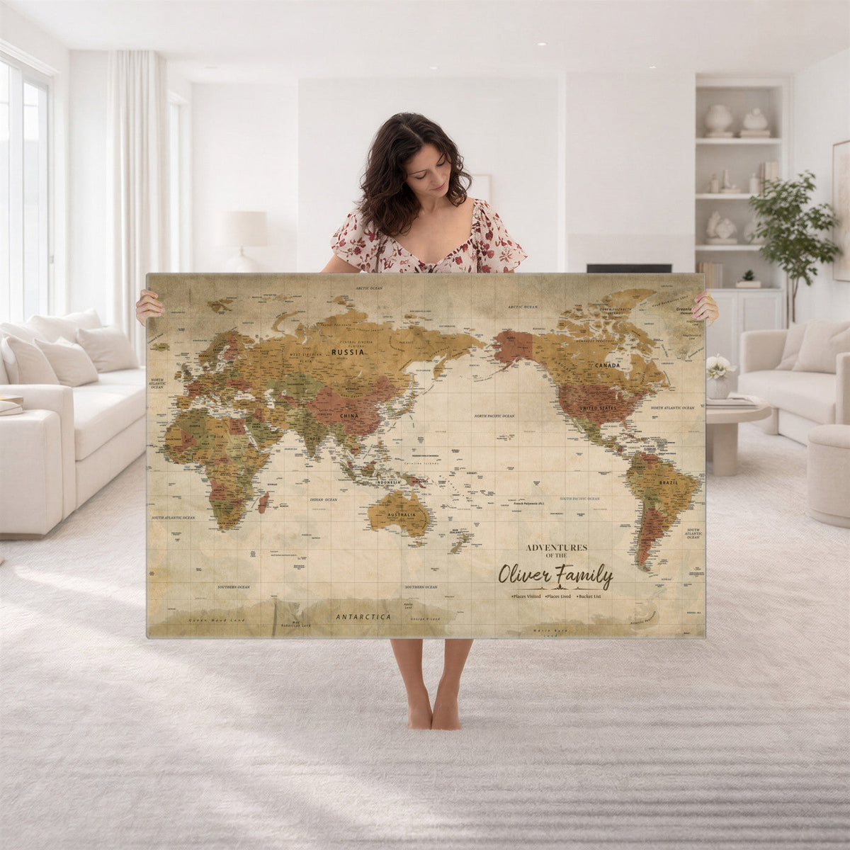 Personalized Framed Navy Modern World Map Canvas with Push Pins, Bucket List Map, Living Room and Entryway Decor