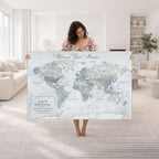 Personalized Beige Antique Push Pin World Map Canvas Print, Family Travel Tracker, Family Room and Entryway Decor