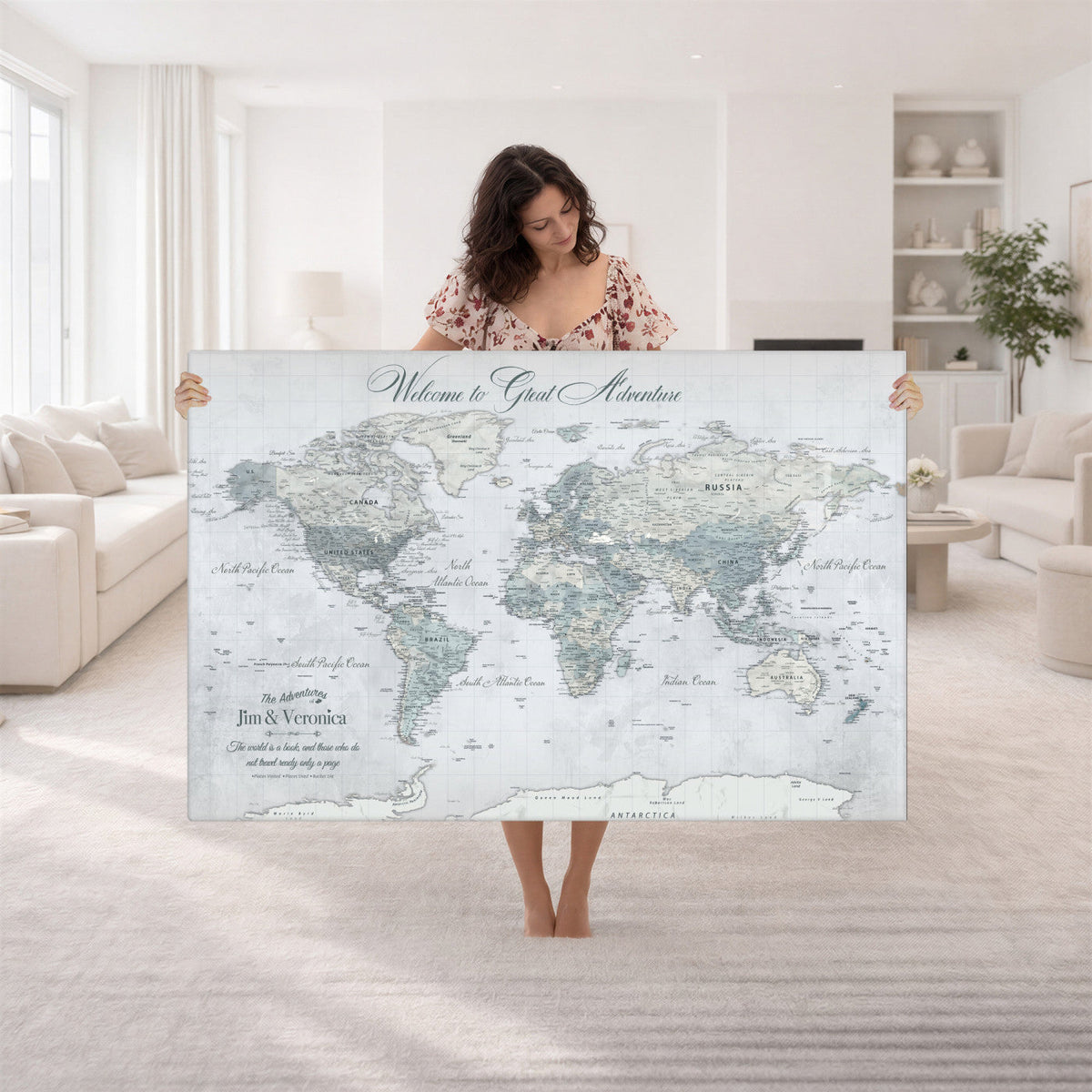 Personalized Beige Antique Push Pin World Map Canvas Print, Family Travel Tracker, Family Room and Entryway Decor