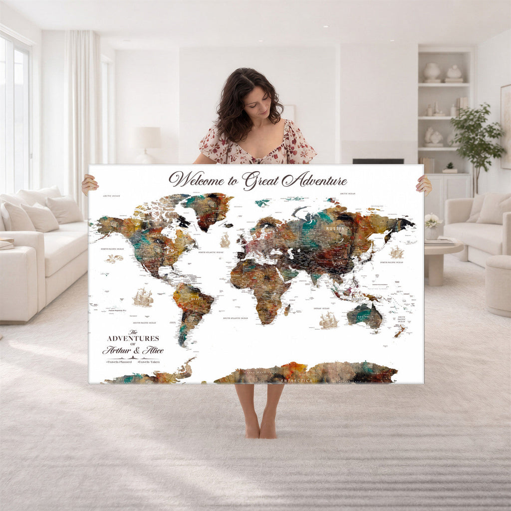 Custom Framed Beige Modern Push Pin World Map Wall Art, Couples Countries Visited Map, Study and Entryway Decor