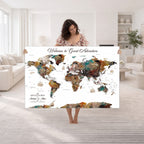 Custom Framed Beige Modern Push Pin World Map Wall Art, Couples Countries Visited Map, Study and Entryway Decor