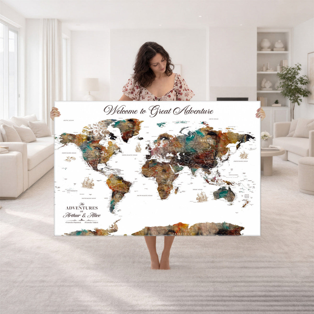 Custom Framed Beige Modern Push Pin World Map Wall Art, Couples Countries Visited Map, Study and Entryway Decor