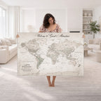 Personalized Beige World Map Canvas with Push Pins, Places Visited Tracker, Family Room and Entryway Decor