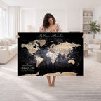Personalized Beige World Map Canvas with Push Pins, Couples Countries Visited Map, Study and Hallway Decor
