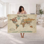 Custom Beige Push Pin World Map Canvas Print, Next Trip Planner Map, Family Room and Study Decor