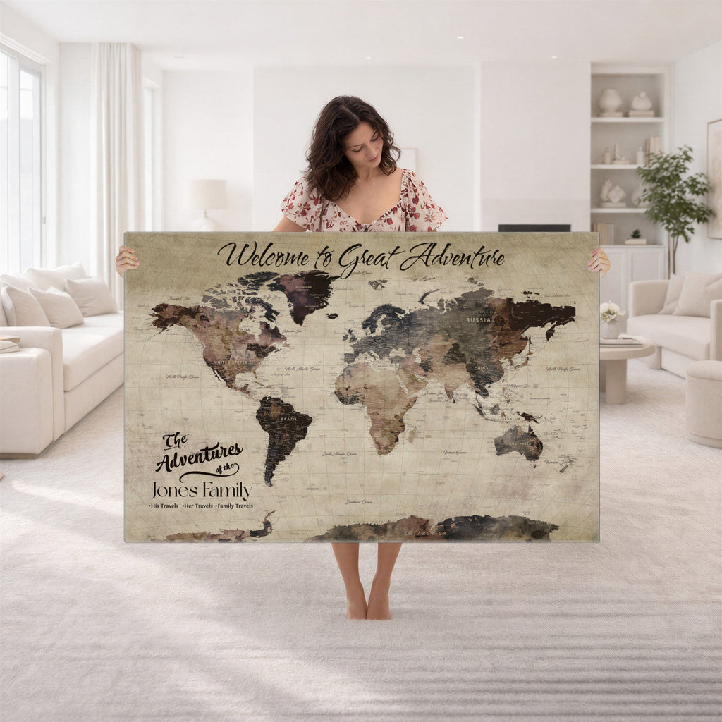 Custom Beige Modern Push Pin World Map Wall Art, Honeymoon and Anniversary Gift, Dining Room and Study Decor