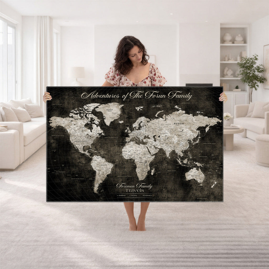 Personalized Framed Beige Push Pin World Map Canvas Print, Couples Countries Visited Map, Dining Room and Study Decor