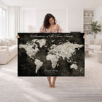 Personalized Framed Beige Push Pin World Map Canvas Print, Couples Countries Visited Map, Dining Room and Study Decor