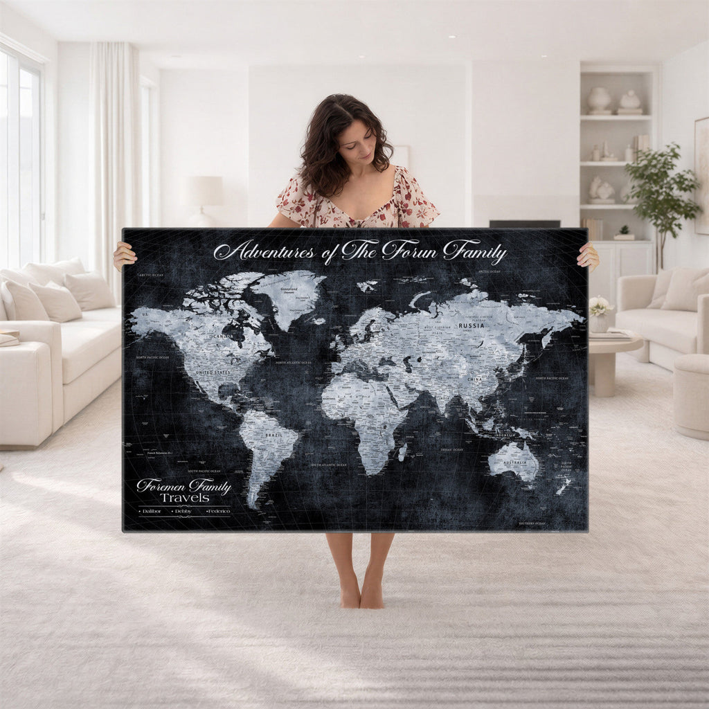 Personalized Framed Beige Modern Push Pin World Map Wall Art, Places Visited Tracker, Family Room and Dining Room Decor