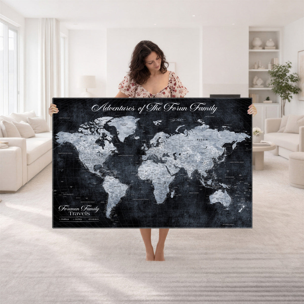 Personalized Framed Beige Modern Push Pin World Map Wall Art, Places Visited Tracker, Family Room and Dining Room Decor