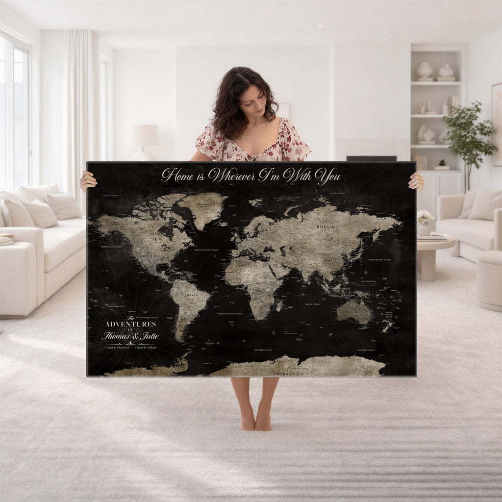 Personalized Framed Black Geometric World Map Canvas with Push Pins, Bucket List Map, Living Room and Dining Room Decor