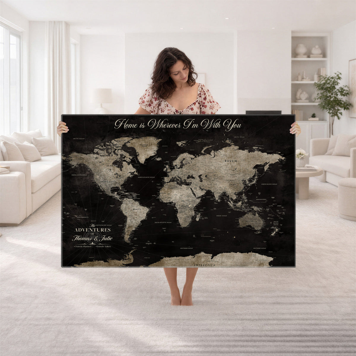 Personalized Framed Black Geometric World Map Canvas with Push Pins, Bucket List Map, Living Room and Dining Room Decor