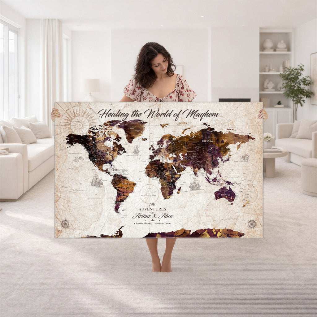 Personalized Framed Navy World Travel Map Wall Art with Pins, Honeymoon and Anniversary Gift, Living Room and Bedroom Decor