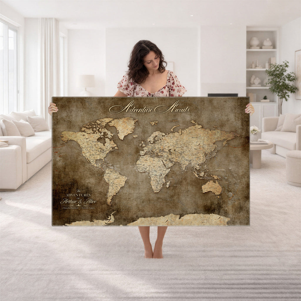 Personalized Framed Beige Push Pin Travel Map Canvas Print, Bucket List Map, Bedroom and Study Decor