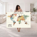 Custom Beige World Map Canvas with Push Pins, Honeymoon and Anniversary Gift, Dining Room and Entryway Decor