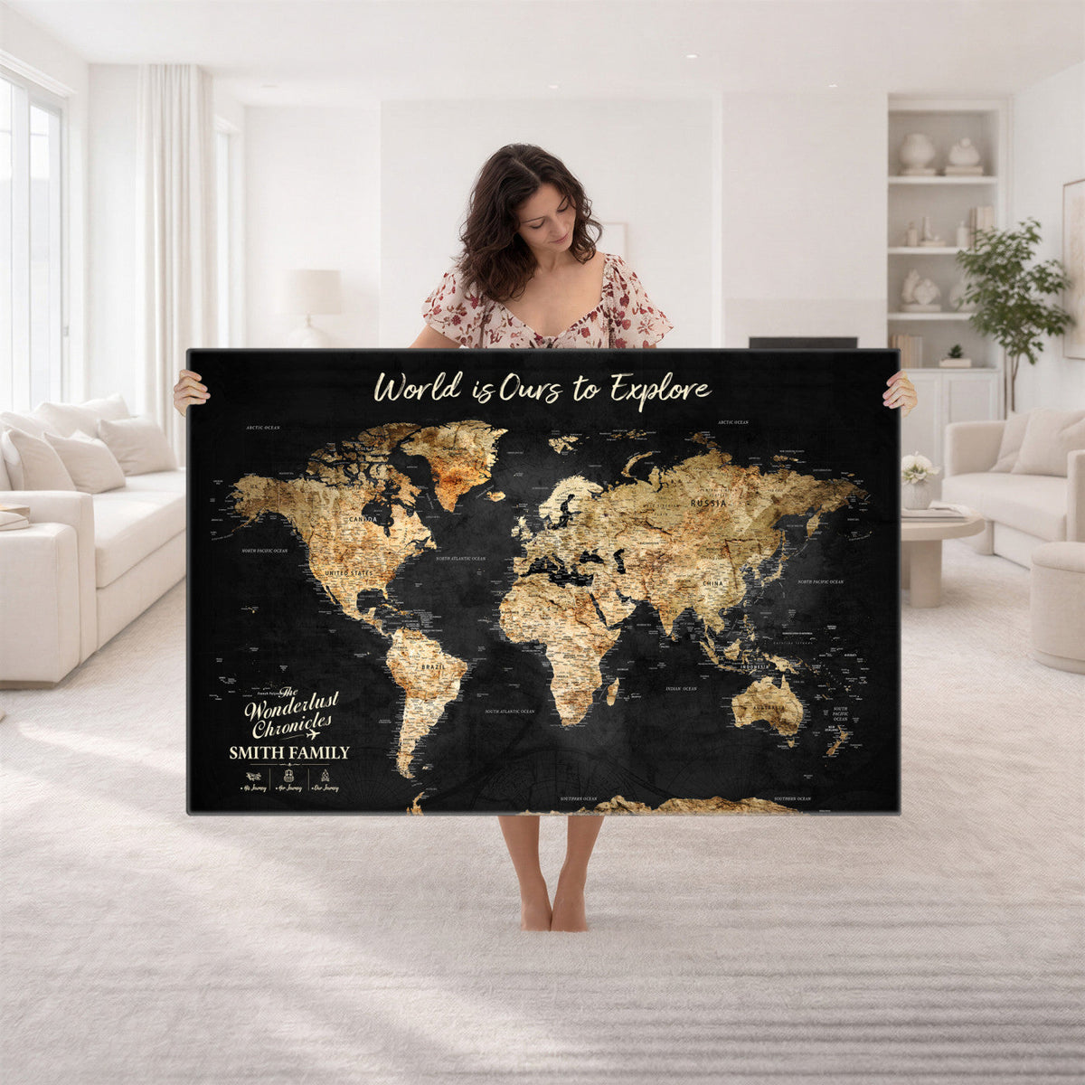 Personalized Framed Black Beige Modern World Travel Map Wall Art with Pins, Bucket List Map, Living Room and Hallway Decor