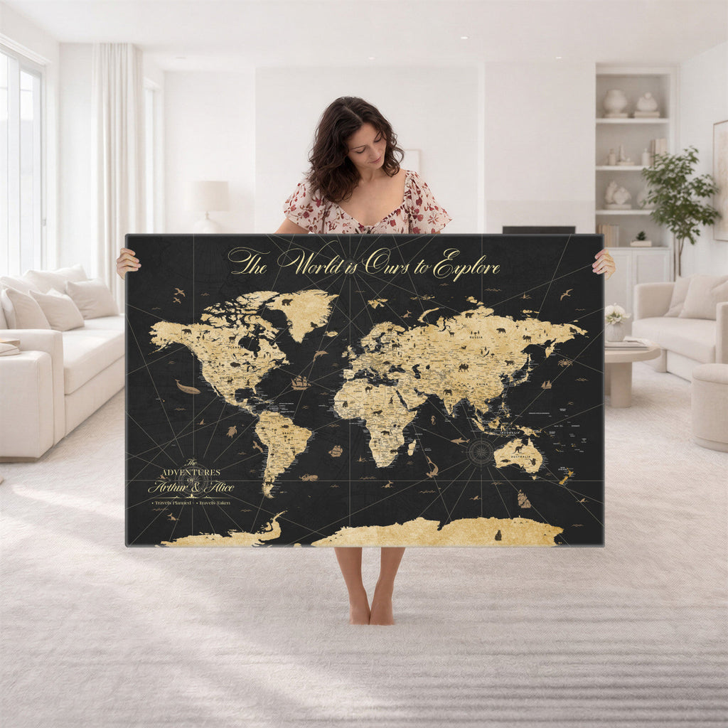 Custom Push Pin World Map Canvas Print, Couples Countries Visited Map, Living Room and Home Office Decor