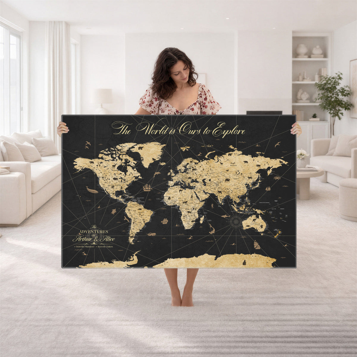 Custom Push Pin World Map Canvas Print, Couples Countries Visited Map, Living Room and Home Office Decor