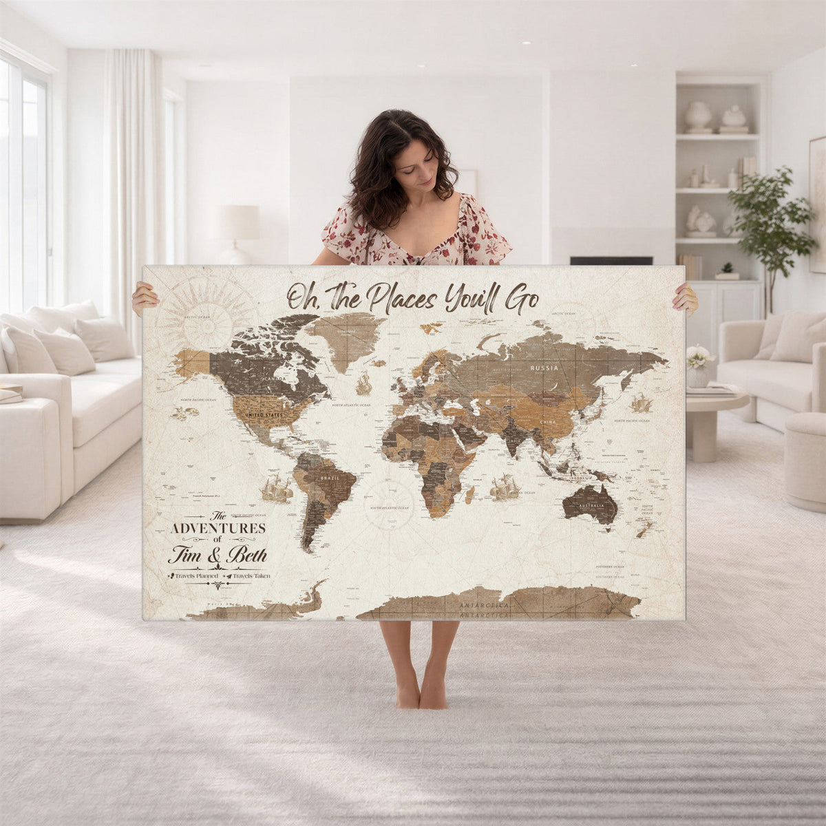 Custom Beige World Travel Map Wall Art with Pins, Couples Countries Visited Map, Living Room and Study Decor