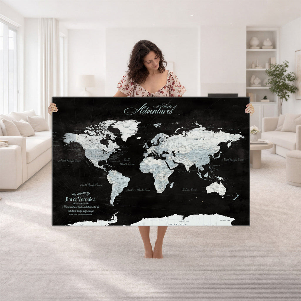 Custom Beige World Travel Map Wall Art with Pins, Places Visited Tracker, Bedroom and Home Office Decor