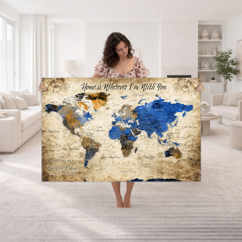 Personalized Framed Beige World Map Canvas with Push Pins, Honeymoon and Anniversary Gift, Living Room and Home Office Decor