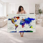 Detailed Custom Framed Beige Modern World Map Canvas with Push Pins, Honeymoon and Anniversary Gift, Dining Room and Home Office Decor
