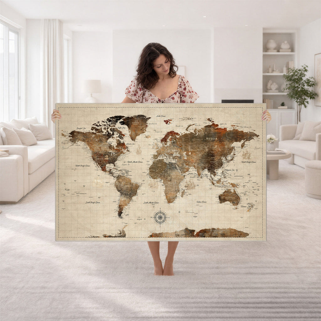 Vintage World Map Wall Art Canvas Print for Living Room, Office and Study