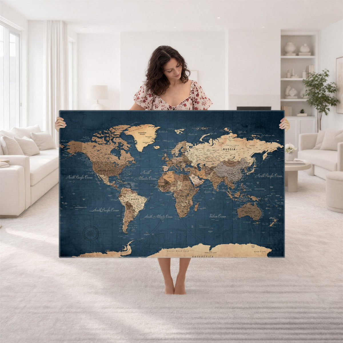 Navy Blue World Map Canvas Print | Framed Travel Map Wall Art