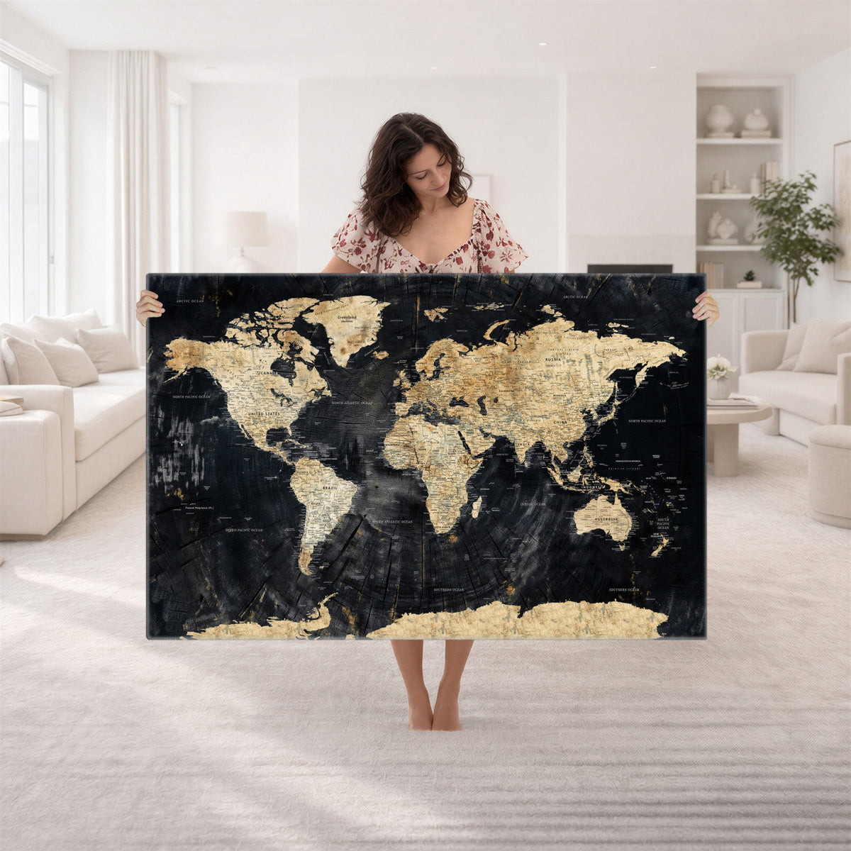 Framed Large World Map Wall Art Canvas Print for Living Room