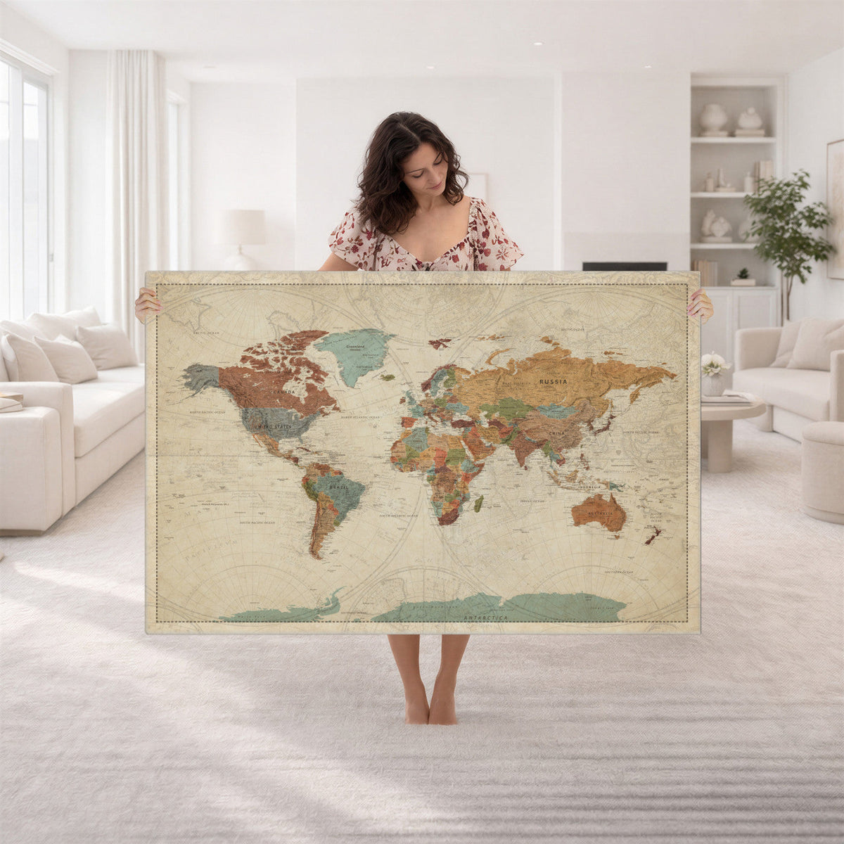Vintage World Map Canvas Wall Art Print | Framed Modern World Map