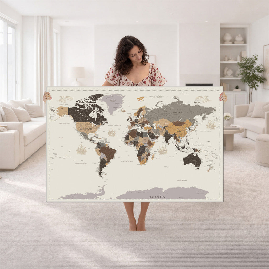 Custom Beige Modern Push Pin World Map Canvas Print, Places Visited Tracker, Bedroom and Study Decor