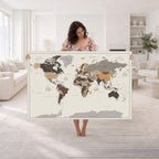 Custom Beige Modern Push Pin World Map Canvas Print, Places Visited Tracker, Bedroom and Study Decor