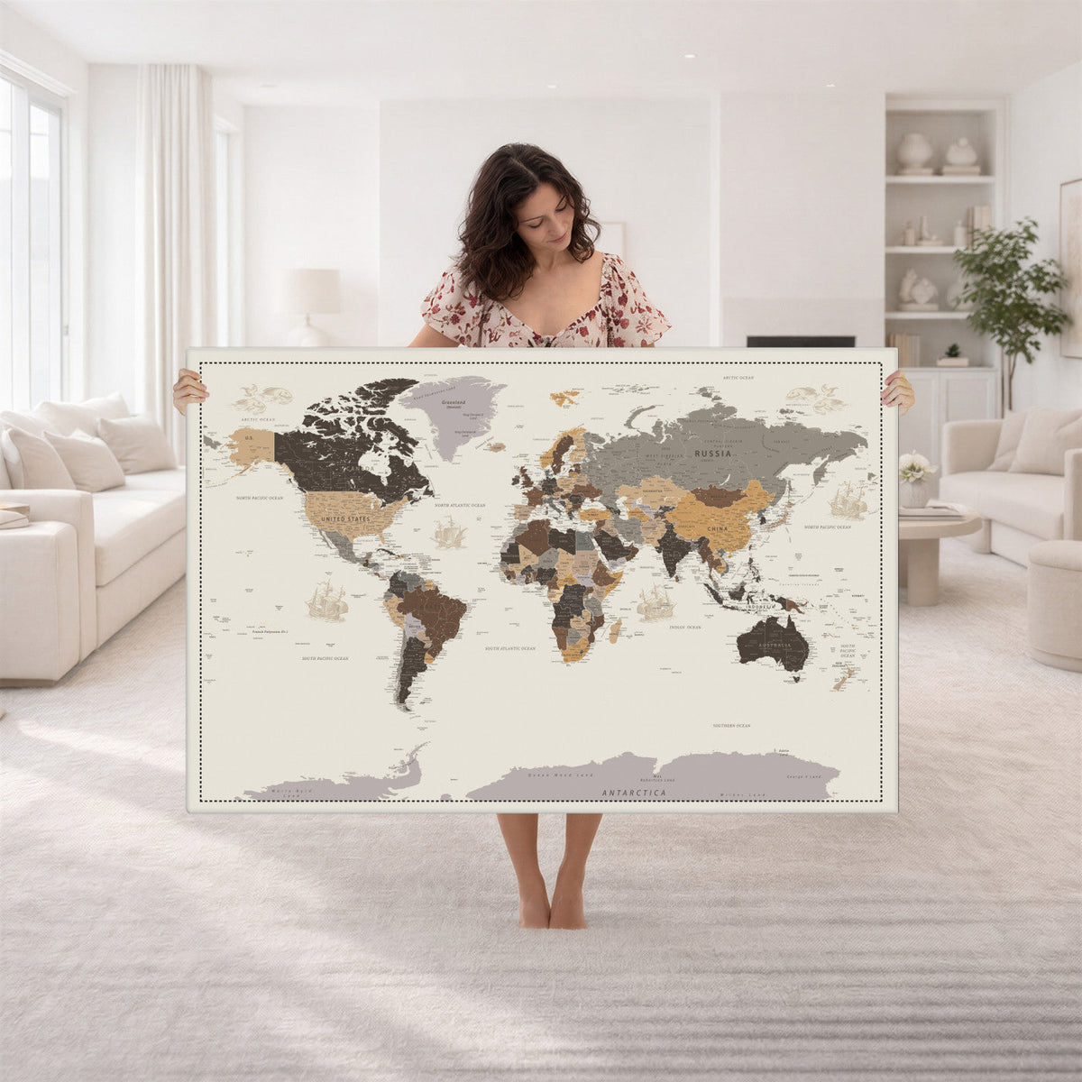 Custom Beige Modern Push Pin World Map Canvas Print, Places Visited Tracker, Bedroom and Study Decor