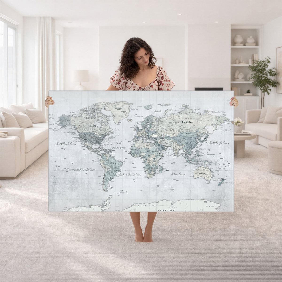 Push Pin World Map Canvas Print - Detailed Vintage World Map