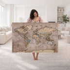 Grunge World Map Canvas Wall Art - Vintage Aged World Map with Golden Tones