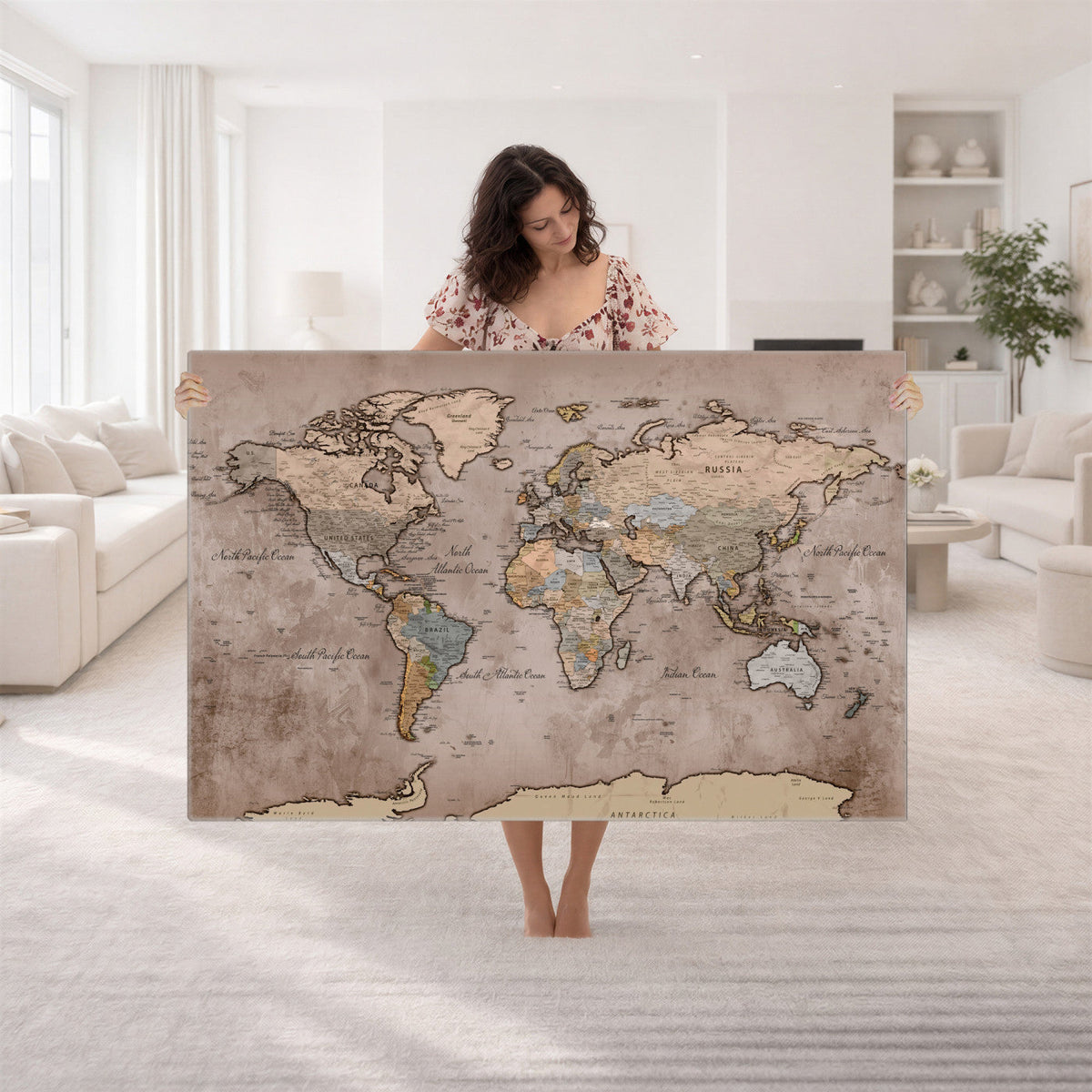Grunge World Map Canvas Wall Art - Vintage Aged World Map with Golden Tones