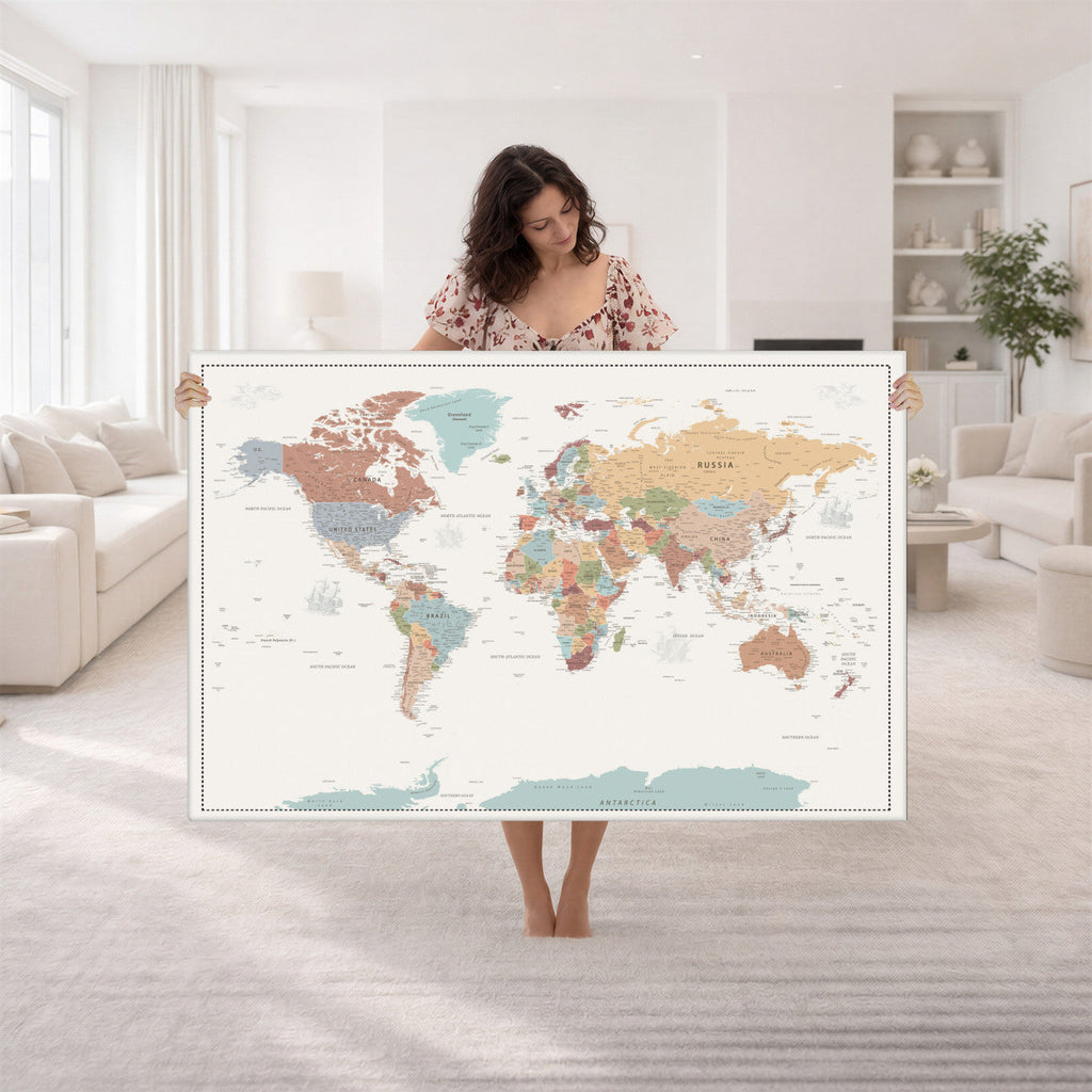 Pastel Colors World Map Wall Art Canvas Print