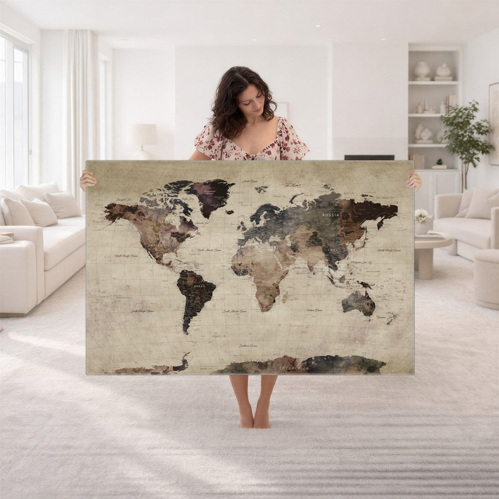 World Map Canvas Print, Detailed Map of the World, Adventure Gift for Couples and Anniversaries