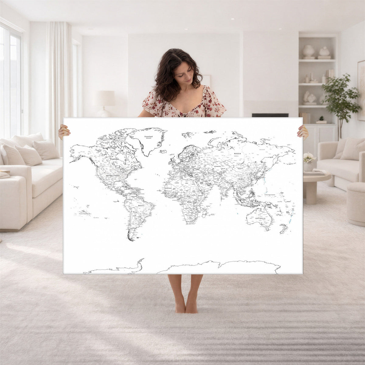 World Map Canvas Print, Framed Modern Detailed Map of the World for Home or Office