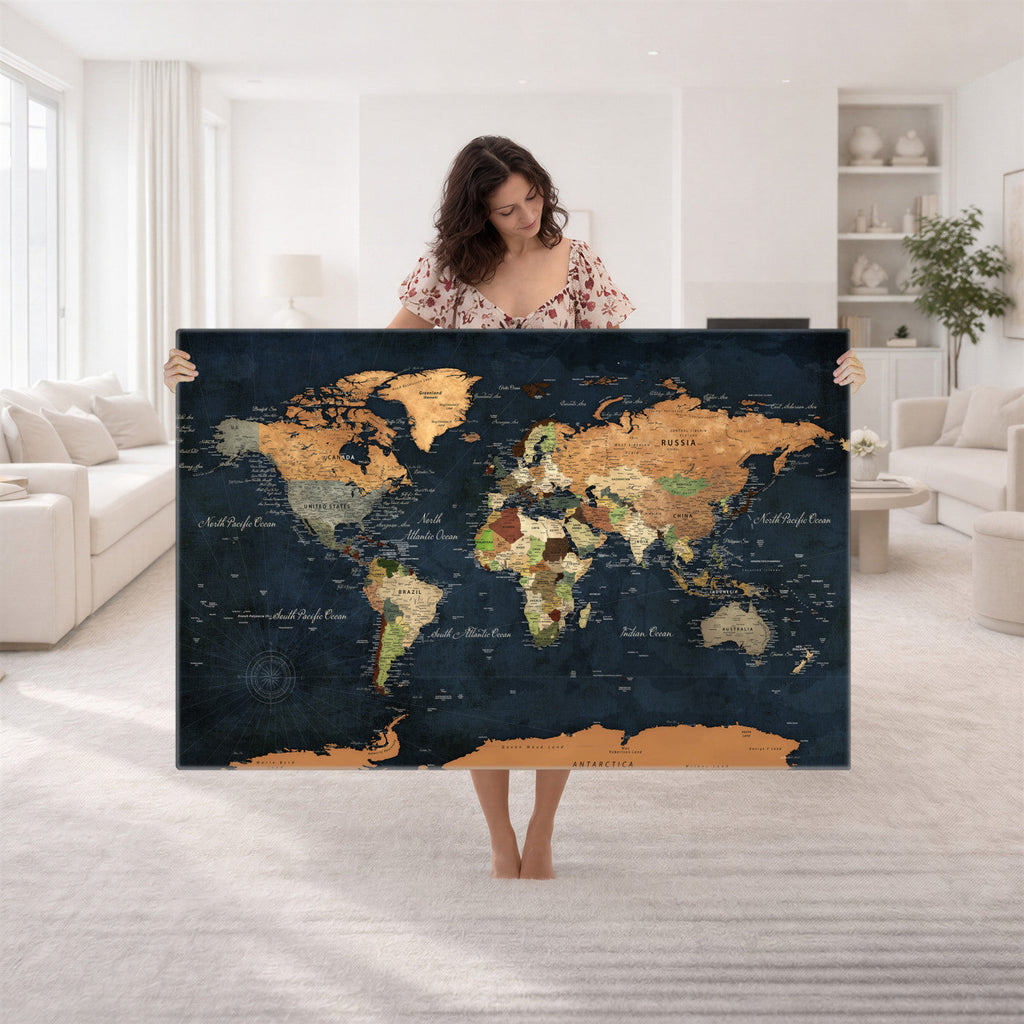 Vintage World Map Canvas Wall Art | Detailed Map with Countries, Oceans and Continents